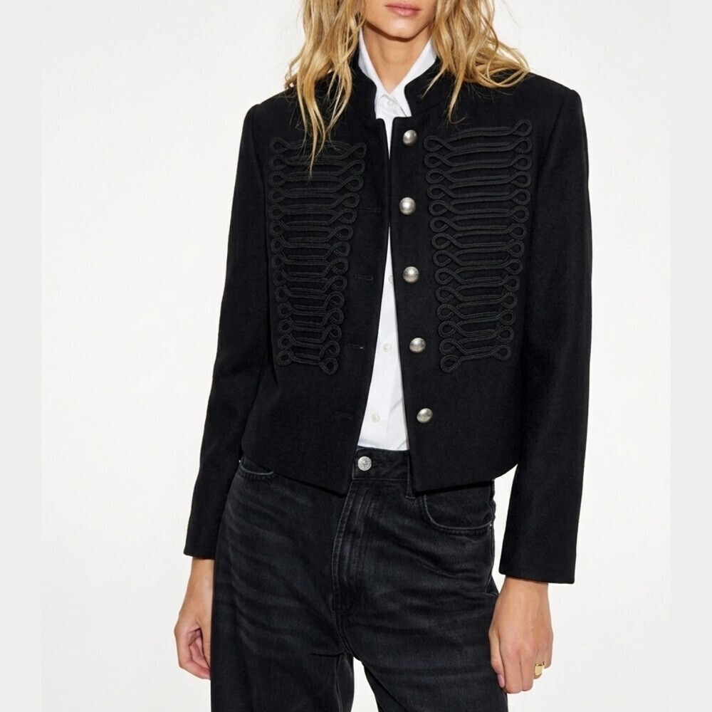 Black Braided Soutache Trim Cropped Band Jacket